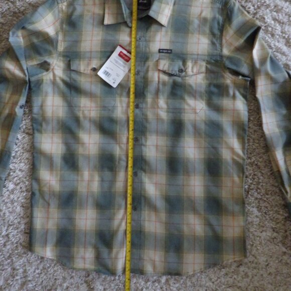 NWT Wrangler Mens Long Sleeve Dress Shirt Sz Lg Plaid Western Green Beige Pocket - Picture 9 of 9
